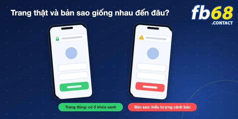 FB68: Cập nhật đường link truy cập chính thức T10/2026 38 Trang đăng nhập FB68 thật có ổ khóa xanh đặt cạnh bản sao có biểu tượng cảnh báo